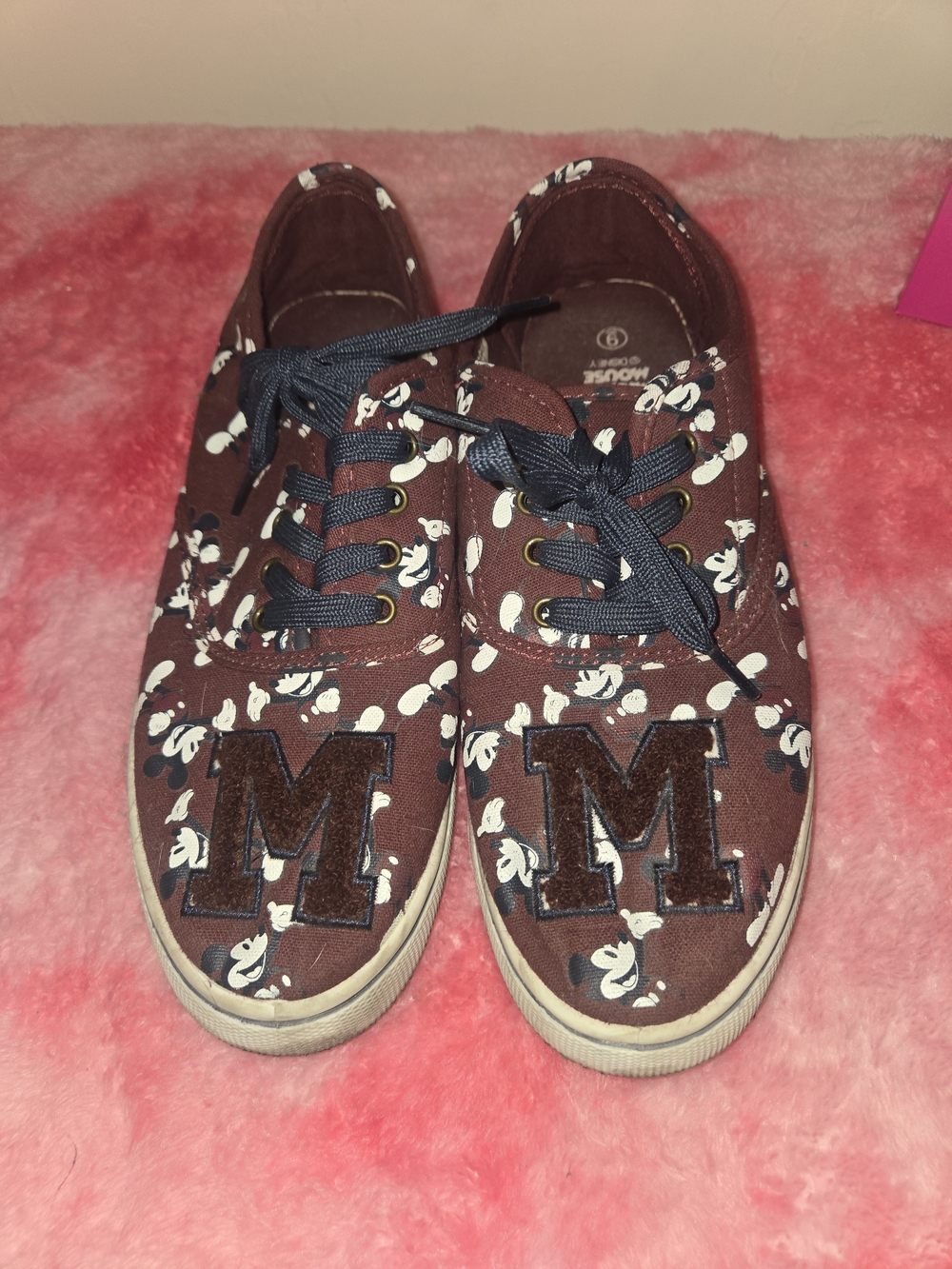 Mickey Mouse Maroon Cartoon-Print Canvas Sneakers with 'M' Patch